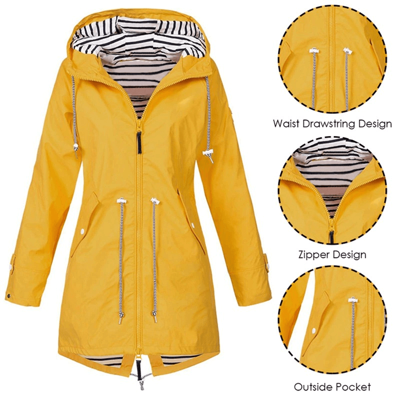 Yellow waterproof hooded rain jacket with waist drawstring, zipper, and pockets. Lightweight and windproof for outdoor activities.